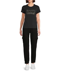 DKNY by Donna Karan Cotton Blend Crew Neck Short Sleeve Studded Graphic Tee