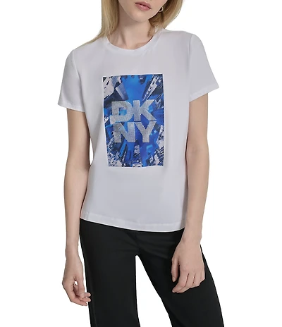 DKNY by Donna Karan Cotton Blend Skyscraper Logo Crew Neck Short Sleeve T-Shirt