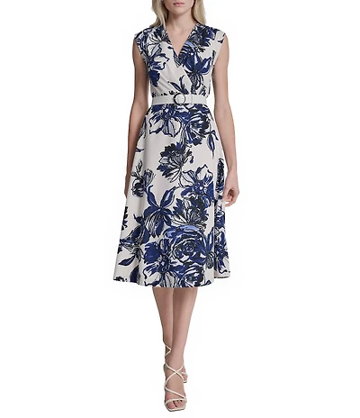 DKNY by Donna Karan Cotton Button Front Belted Midi Shirtdress