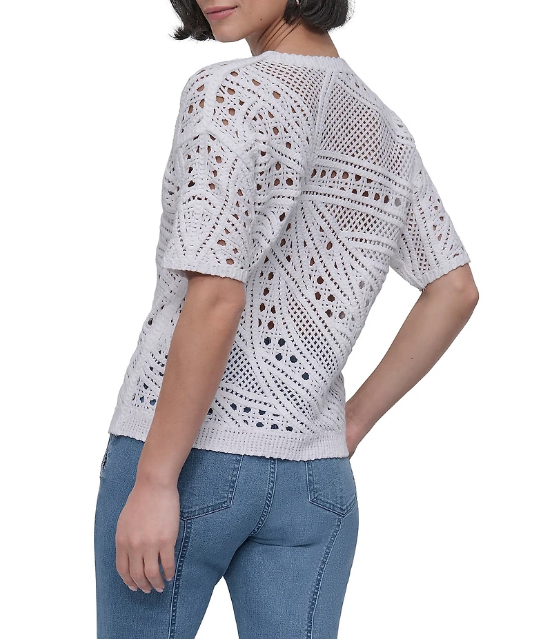 DKNY By Donna Karan Cotton Crochet Crew Neck Short Sleeve Top