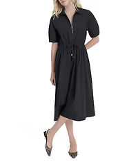 DKNY by Donna Karan Cotton Poplin Collared Neck Zip Front Midi Dress