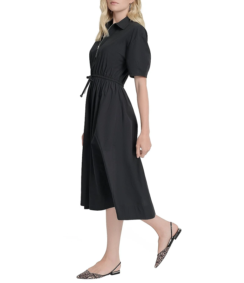 DKNY by Donna Karan Cotton Poplin Collared Neck Zip Front Midi Dress