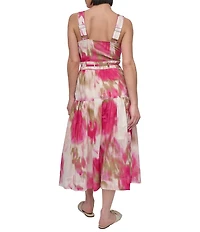 DKNY by Donna Karan Cotton Square Neck Sleeveless Belted Midi Dress