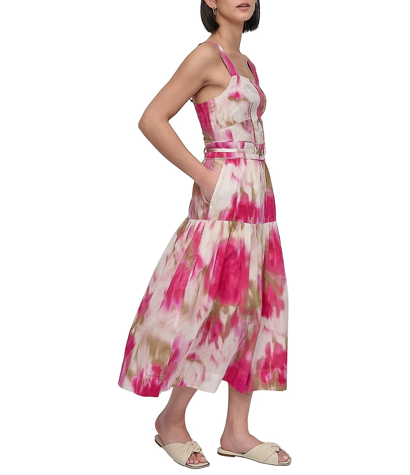 DKNY by Donna Karan Cotton Square Neck Sleeveless Belted Midi Dress