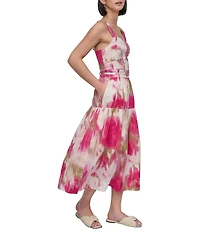 DKNY by Donna Karan Cotton Square Neck Sleeveless Belted Midi Dress