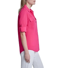 DKNY by Donna Karan Cotton Voile Point Collar Roll Tab Sleeve Button-Front Shirt