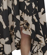 DKNY by Donna Karan Crepe Floral Print V Neck Sleeveless Ruffle Sheath Midi Dress