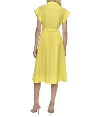 DKNY by Donna Karan Crinkle Point Collar Neck Short Sleeve Button Front Belted Shirt Midi Dress