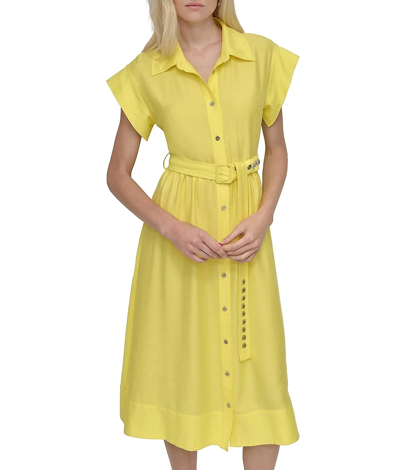 DKNY by Donna Karan Crinkle Point Collar Neck Short Sleeve Button Front Belted Shirt Midi Dress