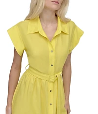 DKNY by Donna Karan Crinkle Point Collar Neck Short Sleeve Button Front Belted Shirt Midi Dress