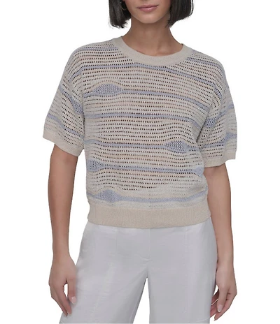 DKNY by Donna Karan Crochet Stripe Crew Neck Short Sleeve Top