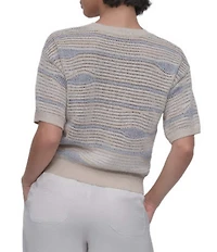 DKNY by Donna Karan Crochet Stripe Crew Neck Short Sleeve Top