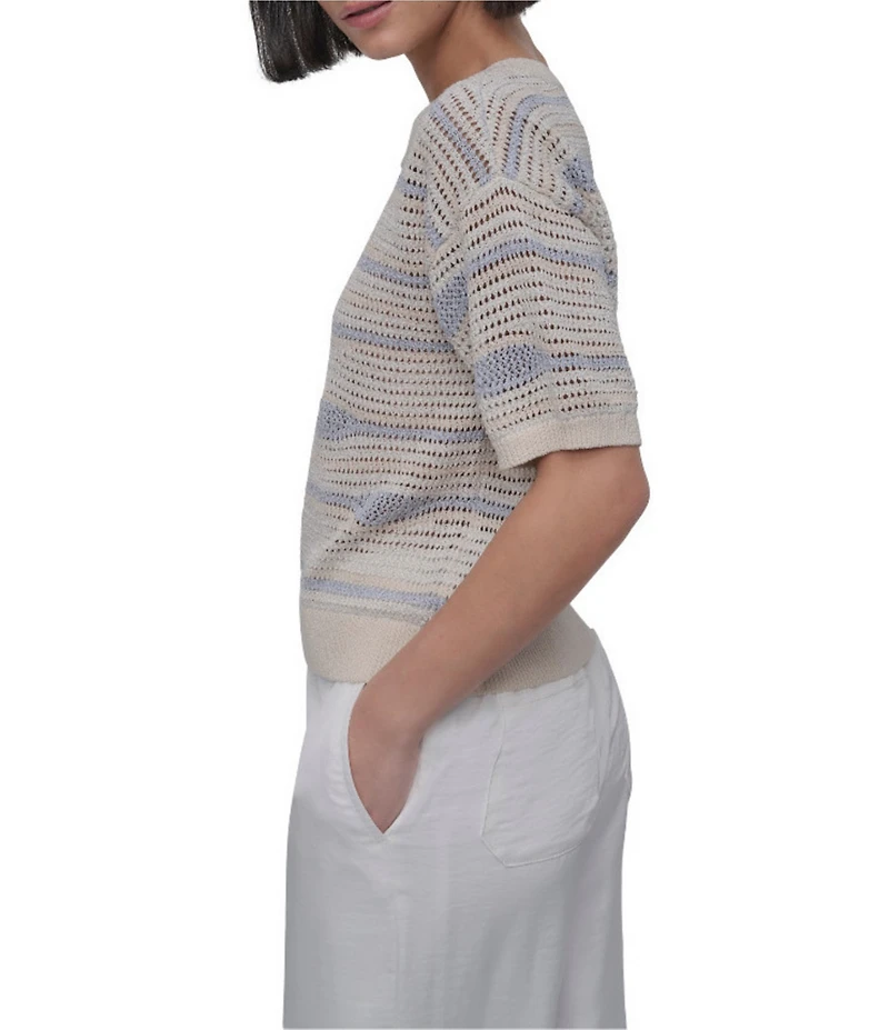 DKNY by Donna Karan Crochet Stripe Crew Neck Short Sleeve Top