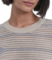 DKNY by Donna Karan Crochet Stripe Crew Neck Short Sleeve Top