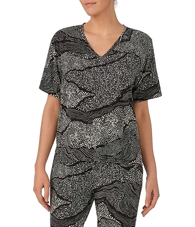 DKNY by Donna Karan Dot Print Short Sleeve V-Neck Micro Jersey Knit Coordinating Lounge Top