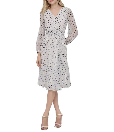 DKNY by Donna Karan Dotted Print Chiffon V-Neck Long Sleeve Fit And Flare Dress