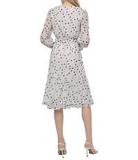 DKNY by Donna Karan Dotted Print Chiffon V-Neck Long Sleeve Fit And Flare Dress