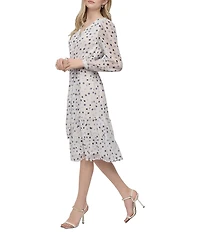 DKNY by Donna Karan Dotted Print Chiffon V-Neck Long Sleeve Fit And Flare Dress