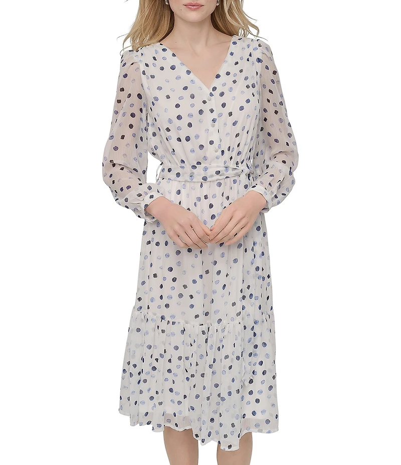 DKNY by Donna Karan Dotted Print Chiffon V-Neck Long Sleeve Fit And Flare Dress