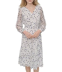 DKNY by Donna Karan Dotted Print Chiffon V-Neck Long Sleeve Fit And Flare Dress