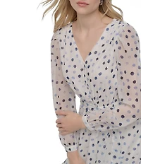 DKNY by Donna Karan Dotted Print Chiffon V-Neck Long Sleeve Fit And Flare Dress