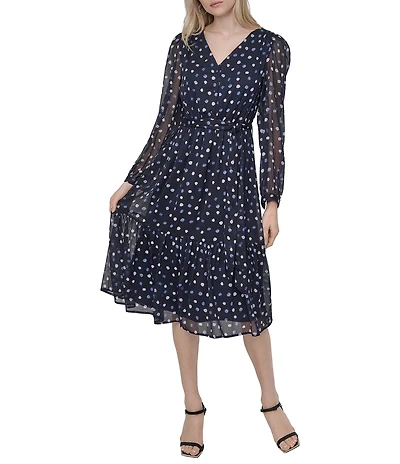 DKNY by Donna Karan Dotted Print Chiffon V-Neck Long Sleeve Fit And Flare Dress