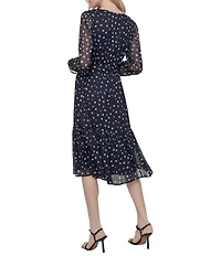 DKNY by Donna Karan Dotted Print Chiffon V-Neck Long Sleeve Fit And Flare Dress