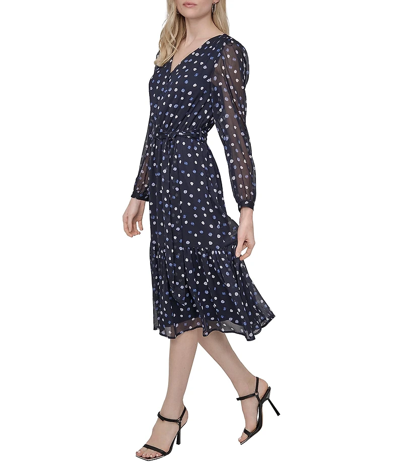 DKNY by Donna Karan Dotted Print Chiffon V-Neck Long Sleeve Fit And Flare Dress