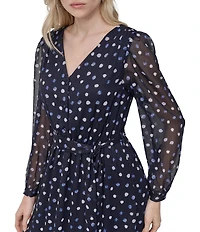 DKNY by Donna Karan Dotted Print Chiffon V-Neck Long Sleeve Fit And Flare Dress
