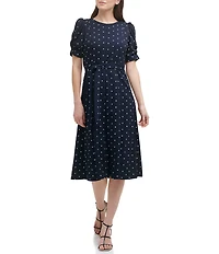 DKNY by Donna Karan Dotted Print Scuba Crepe Short Ruched Sleeve Belted Midi Dress