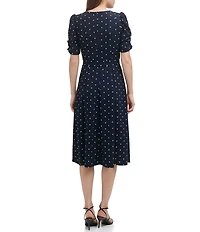 DKNY by Donna Karan Dotted Print Scuba Crepe Short Ruched Sleeve Belted Midi Dress