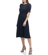 DKNY by Donna Karan Dotted Print Scuba Crepe Short Ruched Sleeve Belted Midi Dress