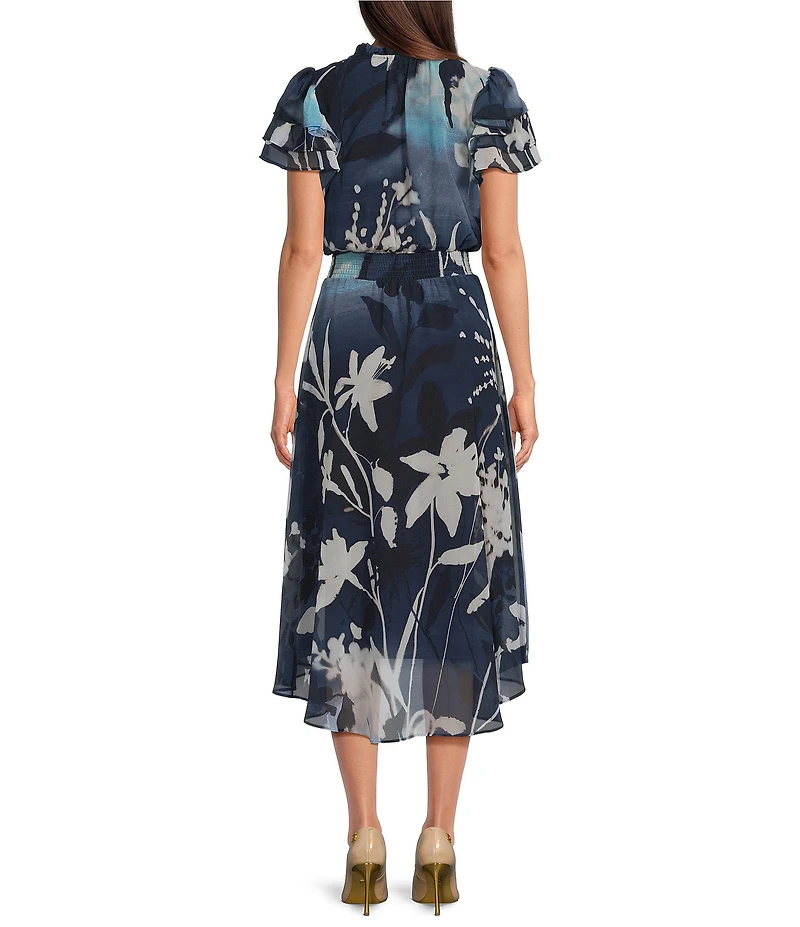 DKNY By Donna Karan Double Ruffle Short Sleeve Fit And Flare Midi Chiffon Dress