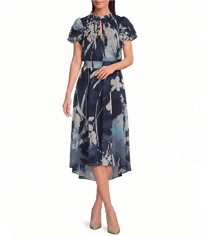 DKNY By Donna Karan Double Ruffle Short Sleeve Fit And Flare Midi Chiffon Dress