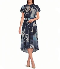 DKNY By Donna Karan Double Ruffle Short Sleeve Fit And Flare Midi Chiffon Dress