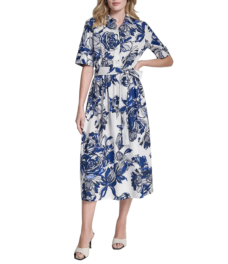 DKNY by Donna Karan Elbow Sleeve Button Front Belted Shirt Midi Dress