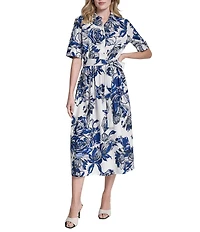 DKNY by Donna Karan Elbow Sleeve Button Front Belted Shirt Midi Dress