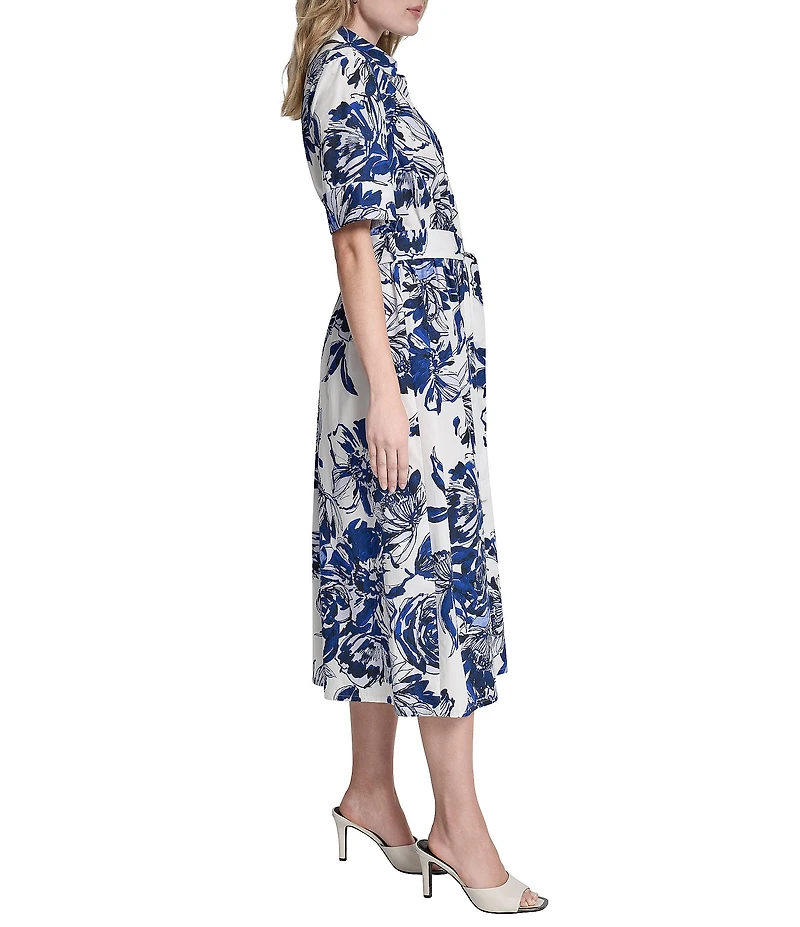 DKNY by Donna Karan Elbow Sleeve Button Front Belted Shirt Midi Dress