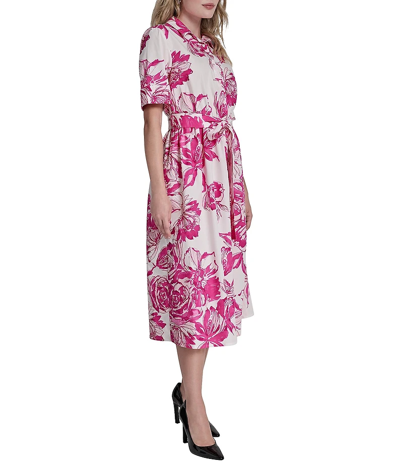 DKNY by Donna Karan Elbow Sleeve Button Front Belted Shirt Midi Dress