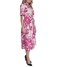 DKNY by Donna Karan Elbow Sleeve Button Front Belted Shirt Midi Dress