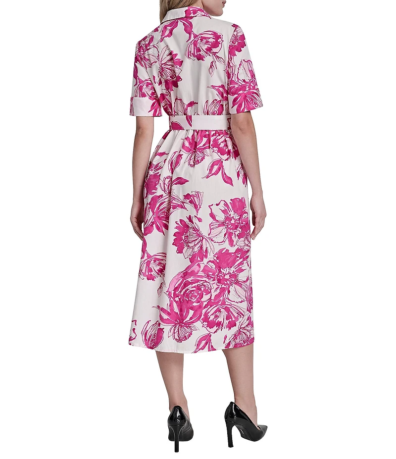 DKNY by Donna Karan Elbow Sleeve Button Front Belted Shirt Midi Dress