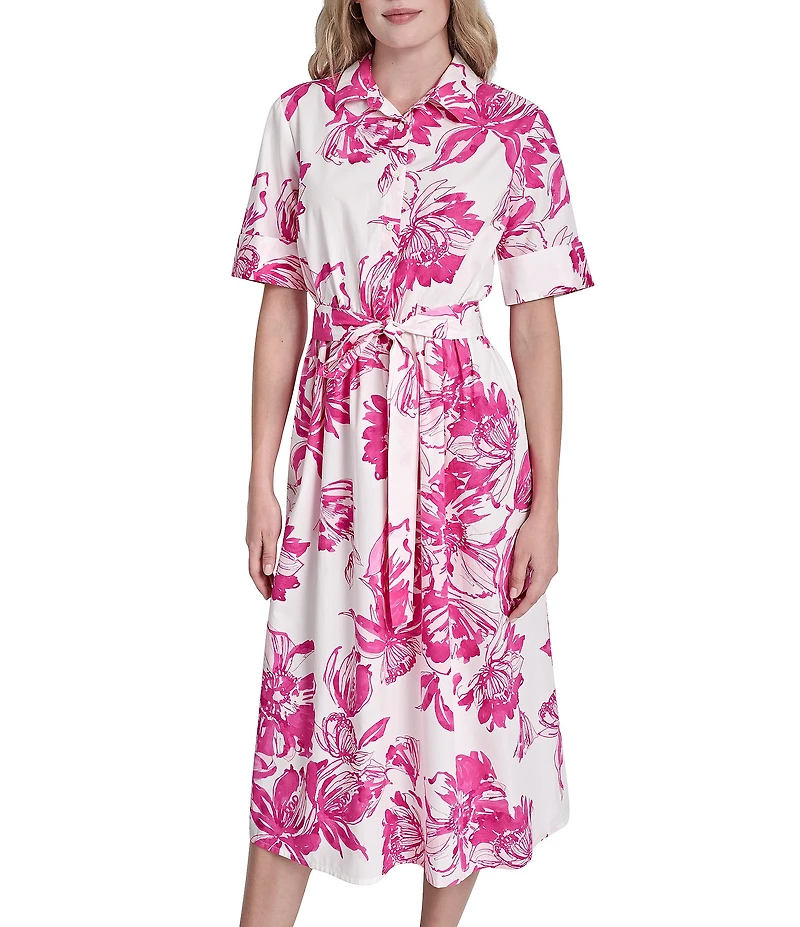 DKNY by Donna Karan Elbow Sleeve Button Front Belted Shirt Midi Dress