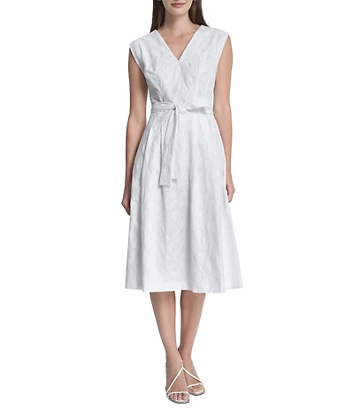 DKNY By Donna Karan Embroidered V-Neck Cotton Fit And Flare Midi Dress