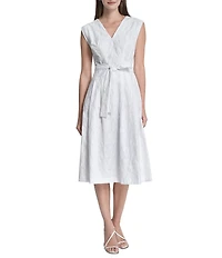 DKNY By Donna Karan Embroidered V-Neck Cotton Fit And Flare Midi Dress