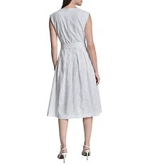 DKNY By Donna Karan Embroidered V-Neck Cotton Fit And Flare Midi Dress