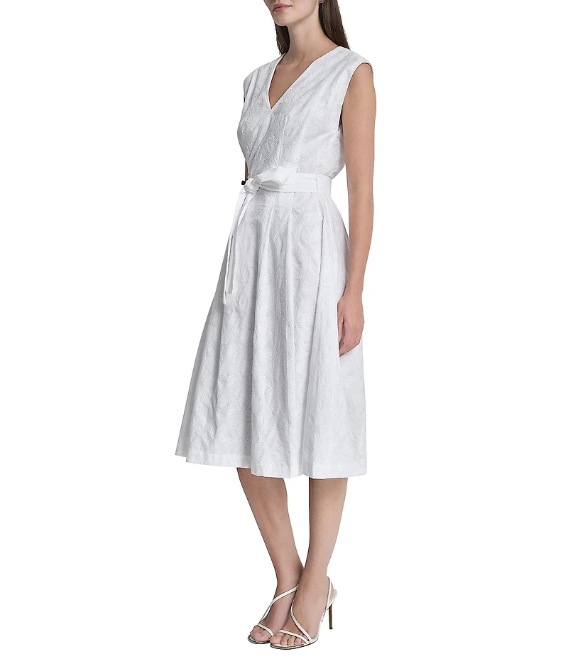 DKNY By Donna Karan Embroidered V-Neck Cotton Fit And Flare Midi Dress