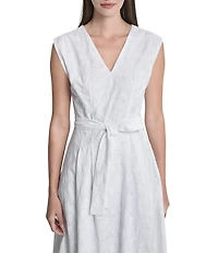 DKNY By Donna Karan Embroidered V-Neck Cotton Fit And Flare Midi Dress