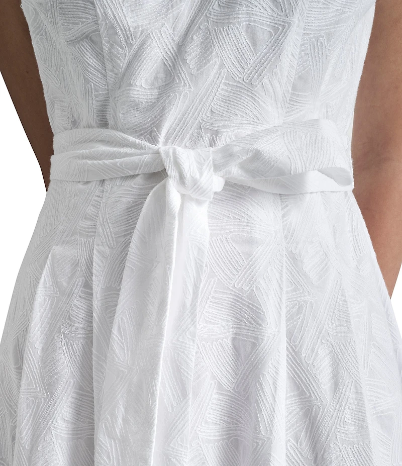 DKNY By Donna Karan Embroidered V-Neck Cotton Fit And Flare Midi Dress