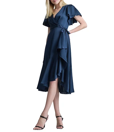DKNY By Donna Karan Faux Wrap Flutter Sleeve Flounce Hem Midi Dress