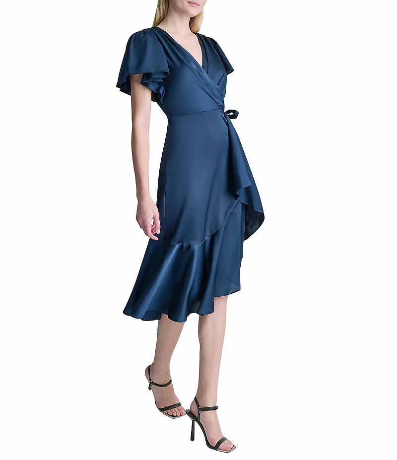 DKNY By Donna Karan Faux Wrap Flutter Sleeve Flounce Hem Midi Dress
